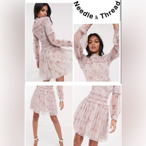 Needle & Thread sequin mini dress with sheer sleeves in dusty mauve US2/XS - Picture 2 of 10